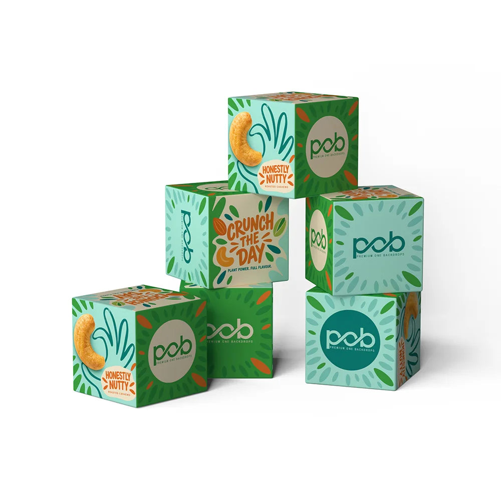 Six branded 3D cube displays arranged in a creative stacked promotional setup