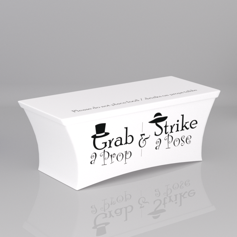 6ft White Spandex Fabric Table Cover Grab a Strike Silver Bold Letters with hats