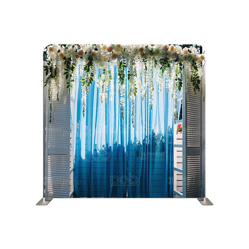 premium one pillowcover backdrops-Blue Curtain White Roses