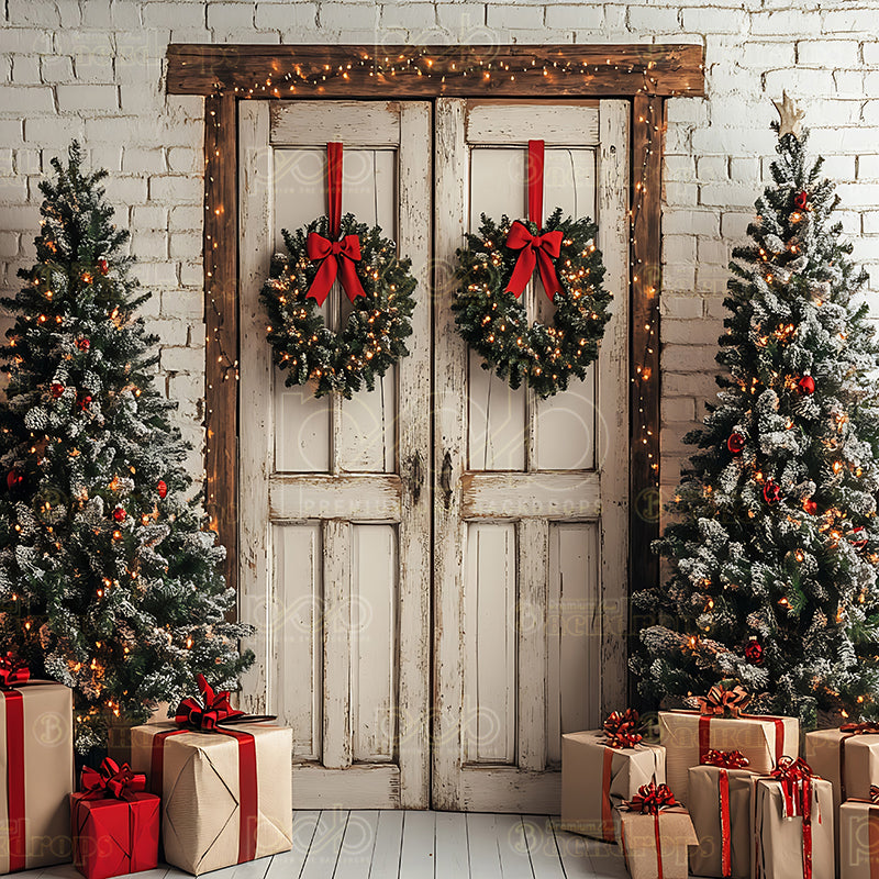 Pillow Cover Backdrop(Christmas White Brick Wall Wood Door)