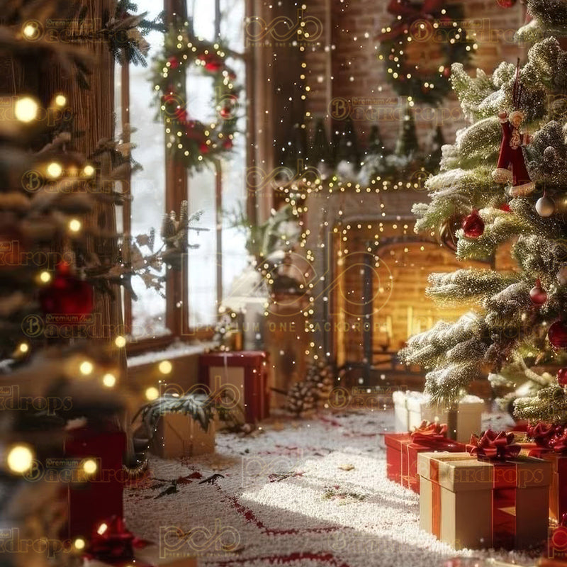 premium one pillowcover backdrops-Cozy Fireplace Christmas