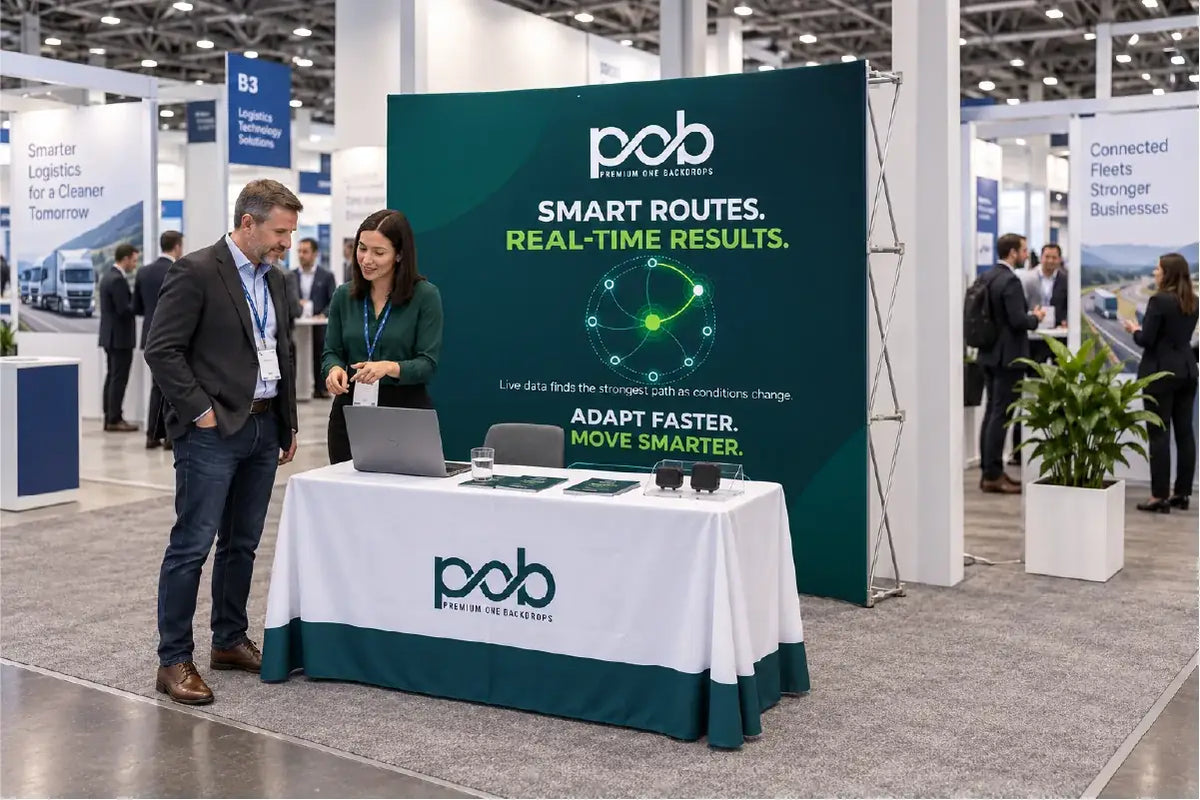 Curved fabric pop up display with end caps used as a branded trade show booth backdrop