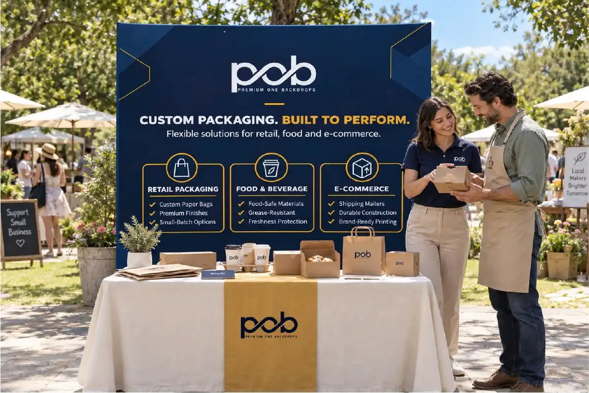Curved fabric pop up display with end caps set up for an outdoor promotional event