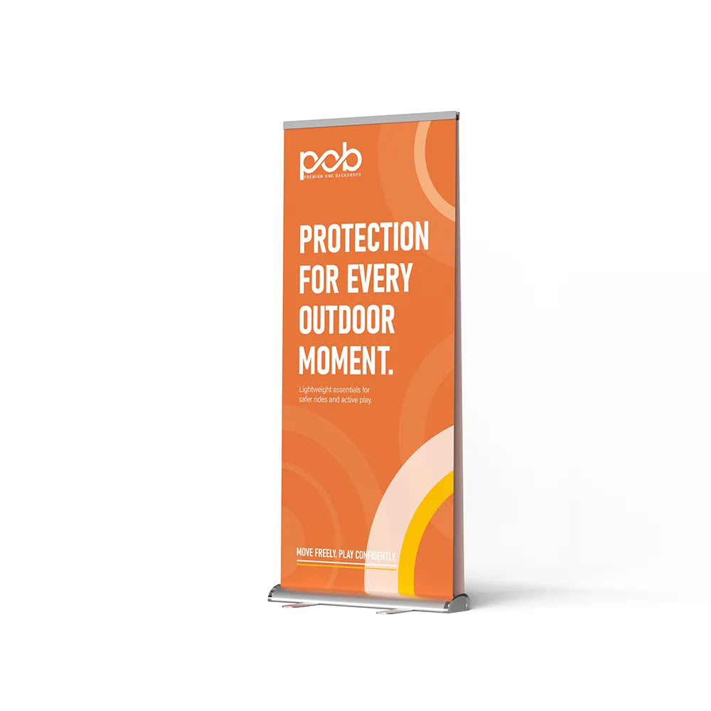 Double-sided teardrop roll up banner stand – left angle view