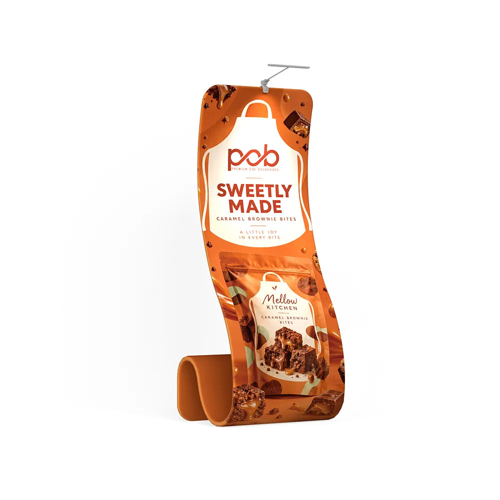 Angled view of a snake-shaped fabric display stand with orange printed graphics and a top-mounted light