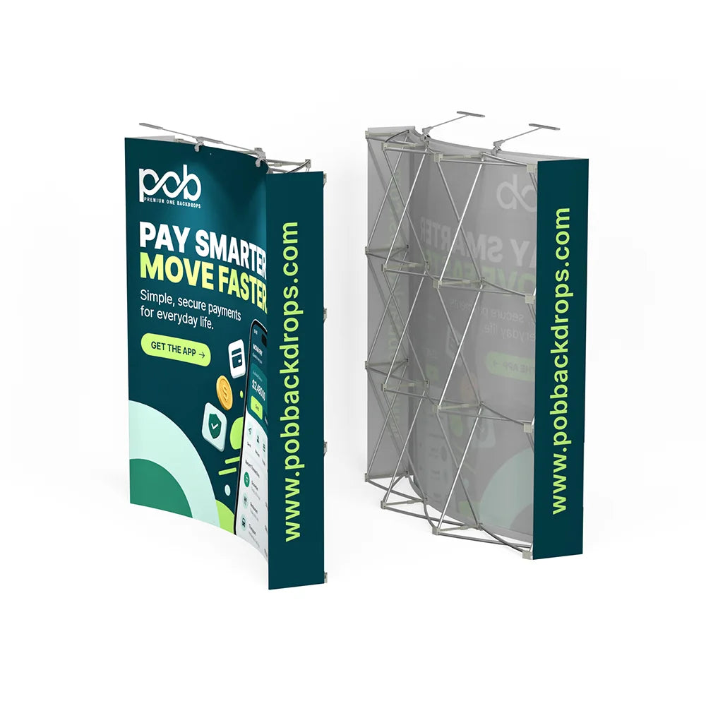 Curved fabric pop up display kit with aluminum frame back view