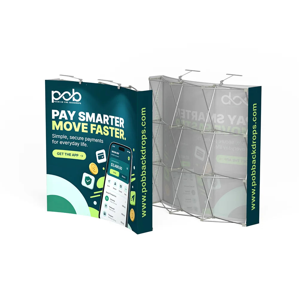 Curved fabric pop up display showing back structure