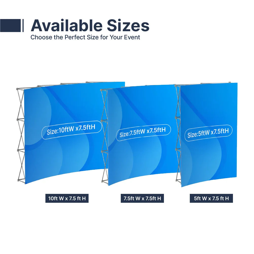 Curved fabric pop up display in 5ft, 7.5ft, and 10ft widths with 7.5ft height