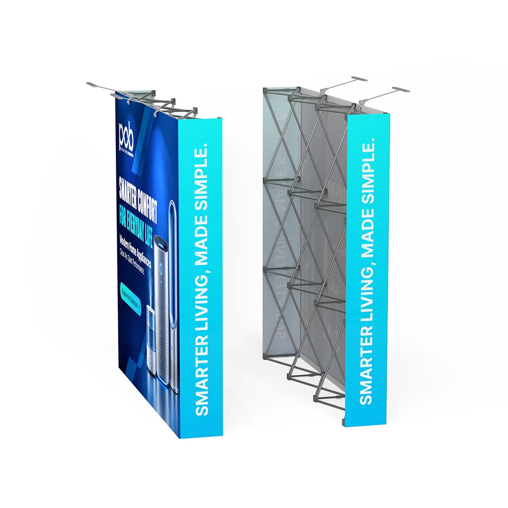 Back view of straight fabric pop up display showing frame structure