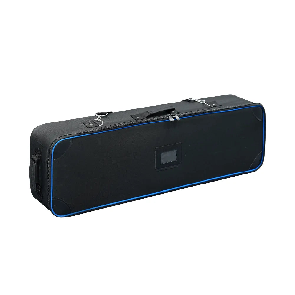 Black hard carrying case without wheels with blue trim, zippered closure and reinforced corners