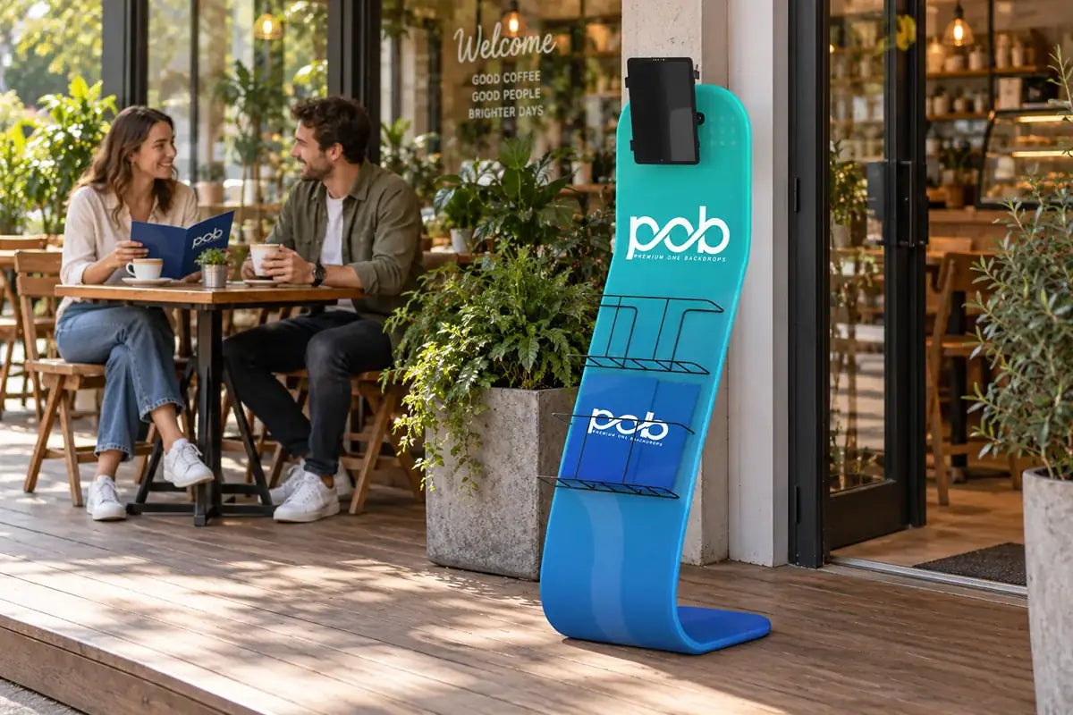 Tension fabric tablet display stand used for outdoor events, promotions and brand activations