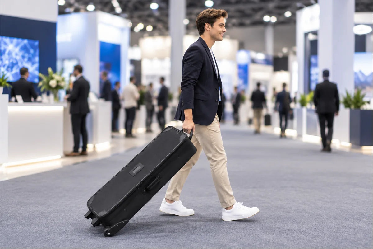 Trade show exhibitor pulling a large black rolling hard case through an indoor exhibition hall
