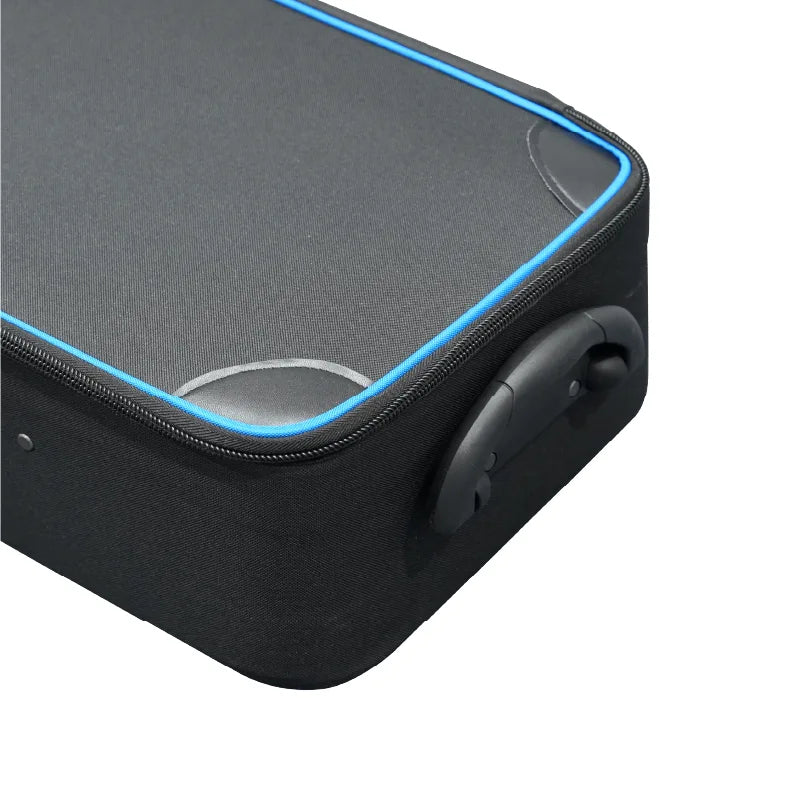 Close-up of the reinforced fabric carrying handle and stitching on a black wheeled hard case