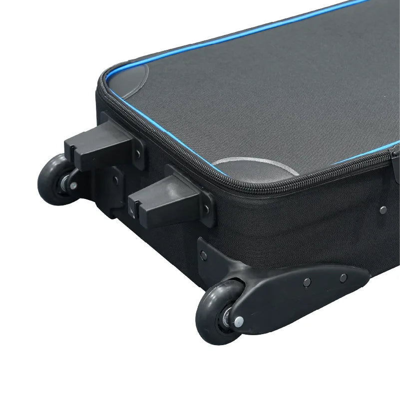 Close-up of the wheels, protective corner guards and support feet on a black rolling hard case