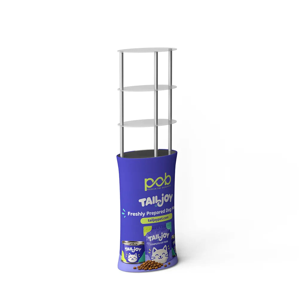 Angled view of a freestanding oval display rack with metal support poles and printed fabric graphics