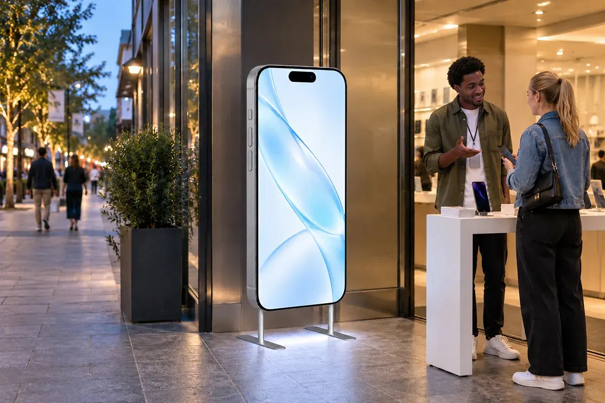 Large phone-shaped advertising display stand outside a modern electronics store
