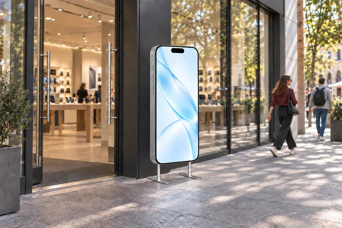 Freestanding phone-shaped display stand outside a retail store at dusk