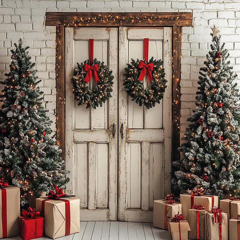 Pillow_Cover_Backdrops_Christmas_White_Brick_Wall_Wood_Door-pob-backdrops