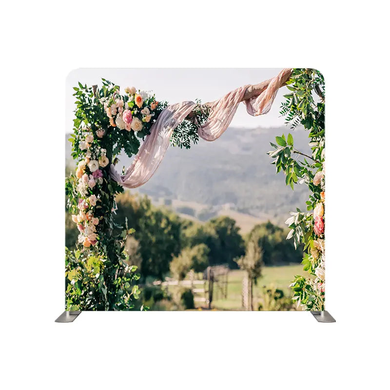 Pillow_Cover_Backdrops_Flower_arch_with_flowers_and_pink_fabric-pob-backdrops
