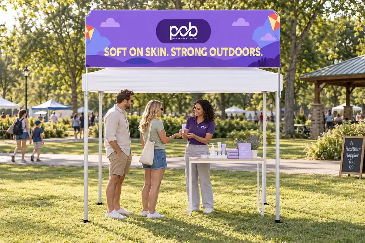 Square tent billboard banner with purple promotional graphics displayed above a white canopy at an outdoor event