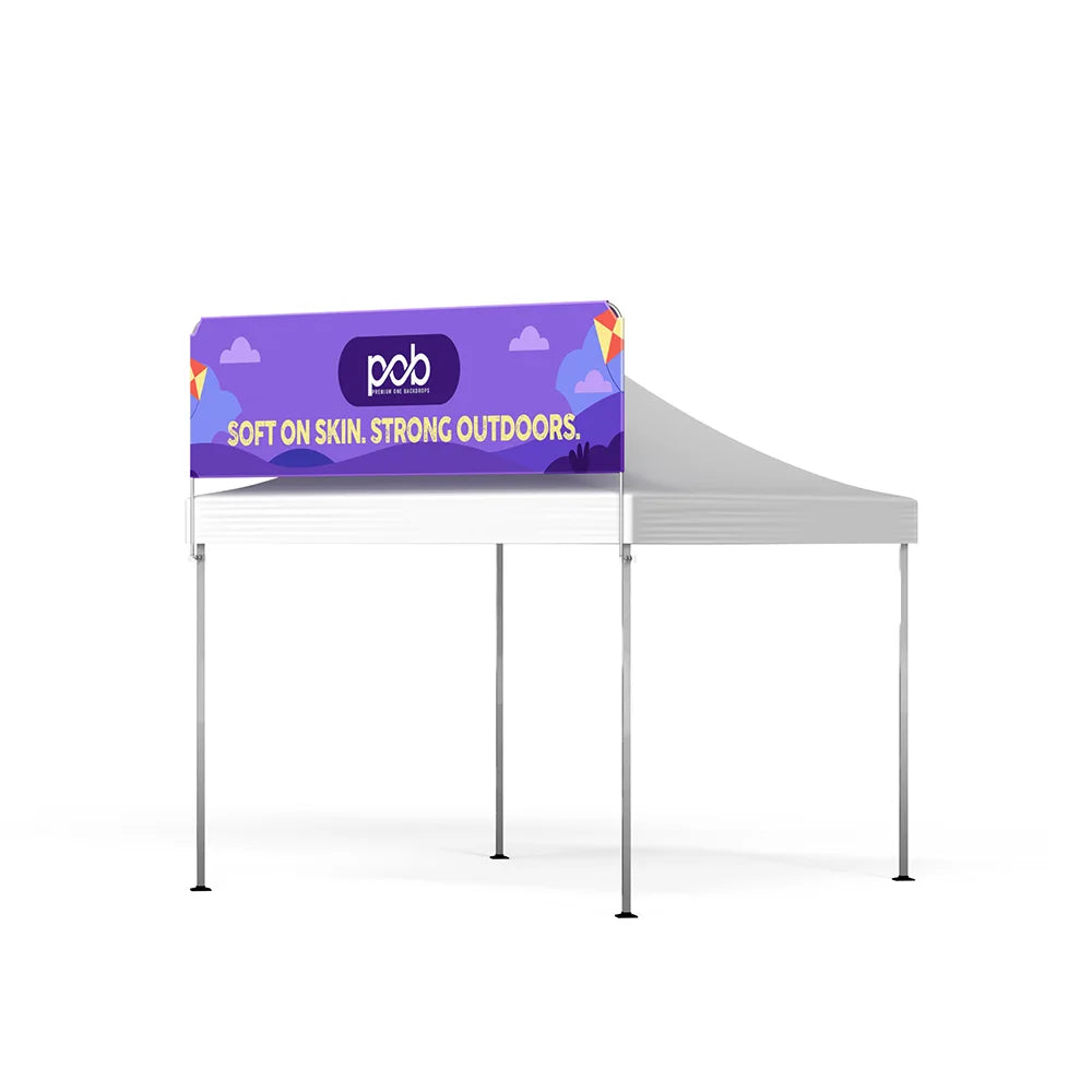 Angled view of a white pop up canopy tent with a purple billboard banner mounted above the roofline