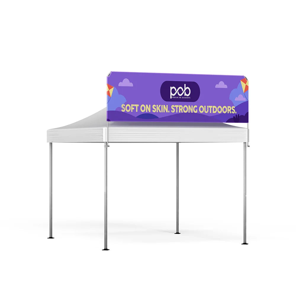 Side angle view of a square tent billboard banner with purple branding mounted on a white canopy tent