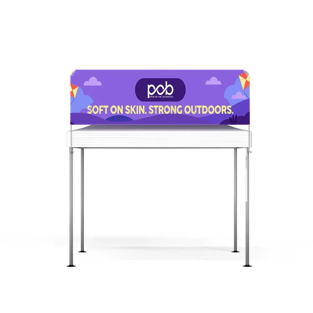 Front view of a square tent billboard banner featuring purple promotional graphics above a white pop up canopy