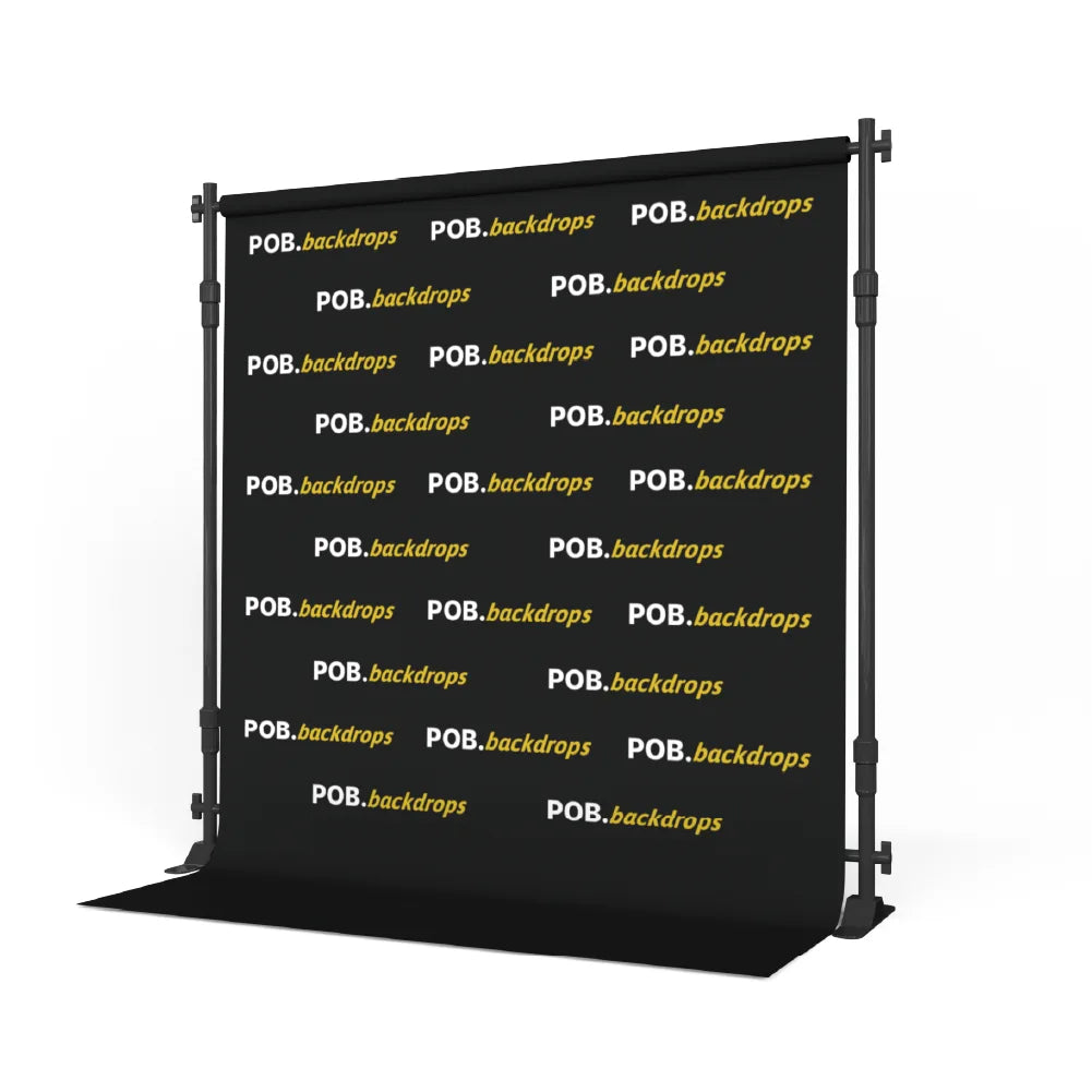 Left angle view of 8ft step and repeat banner with top pole pocket and floor sweep