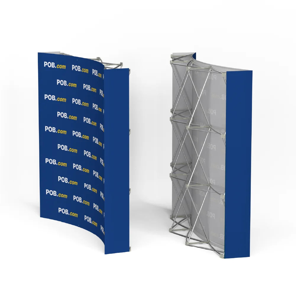 Back view of curved pop up display frame with tension fabric graphic installation