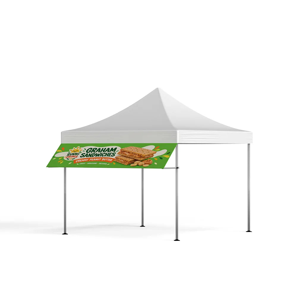 Angled view of a pop up canopy tent with a slanted promotional awning extending from the front