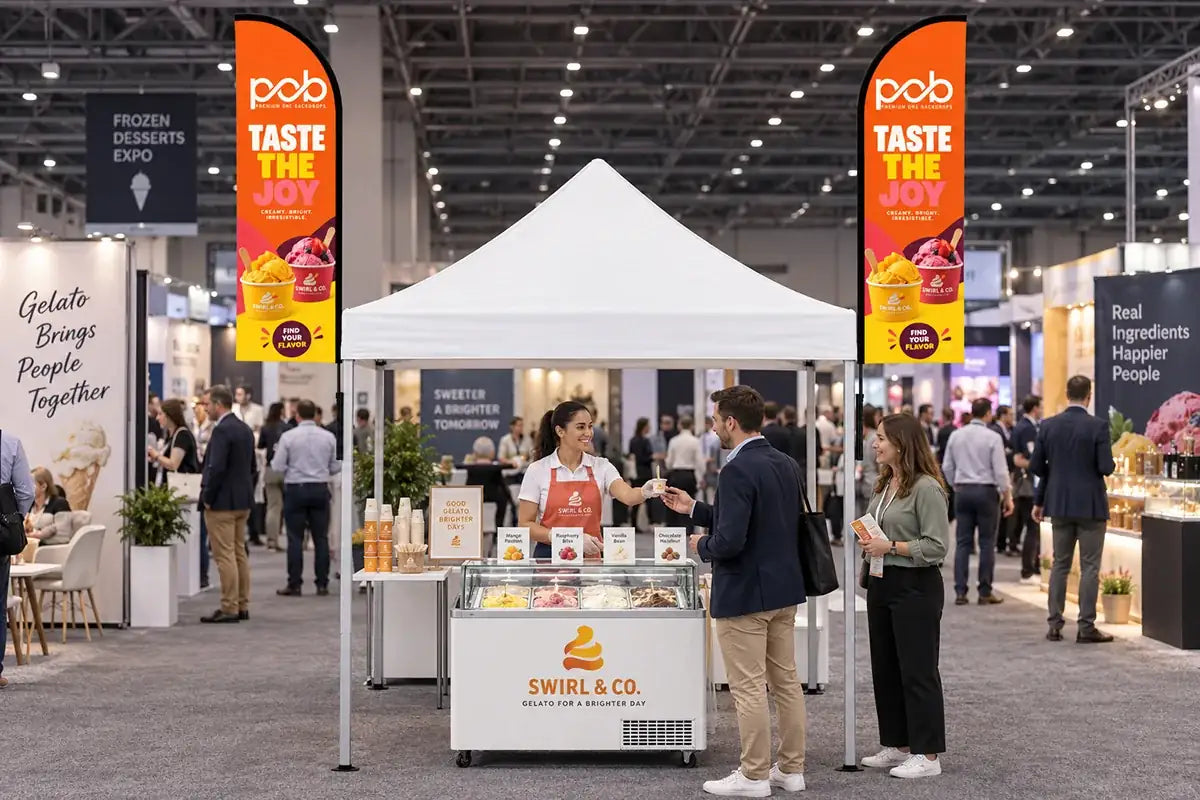 Two custom printed feather flags mounted on a white pop up canopy at an indoor ice cream trade show