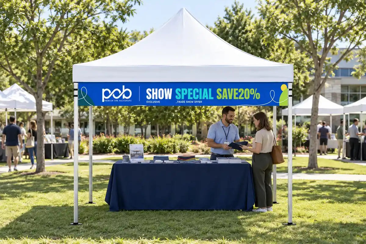 Outdoor pop up canopy tent with a blue promotional valance banner above a product display table