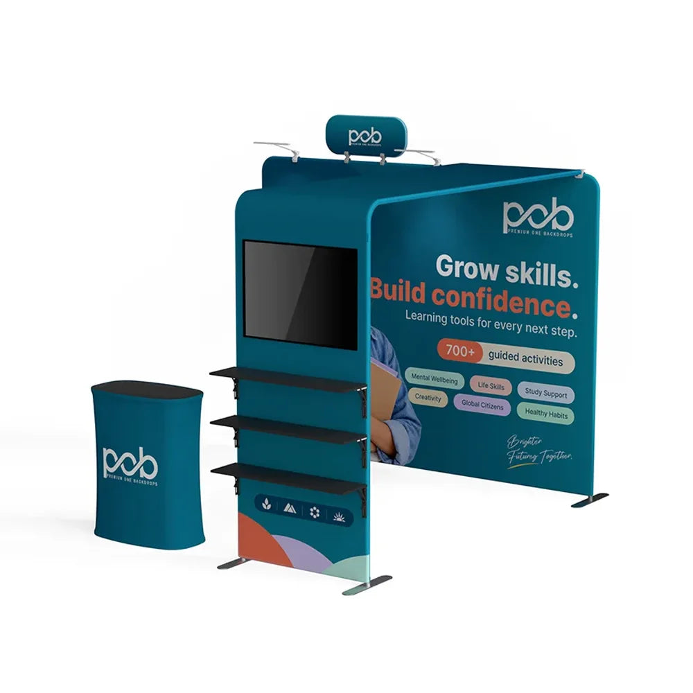 Left angle view of 10x10 trade show booth with branded display walls