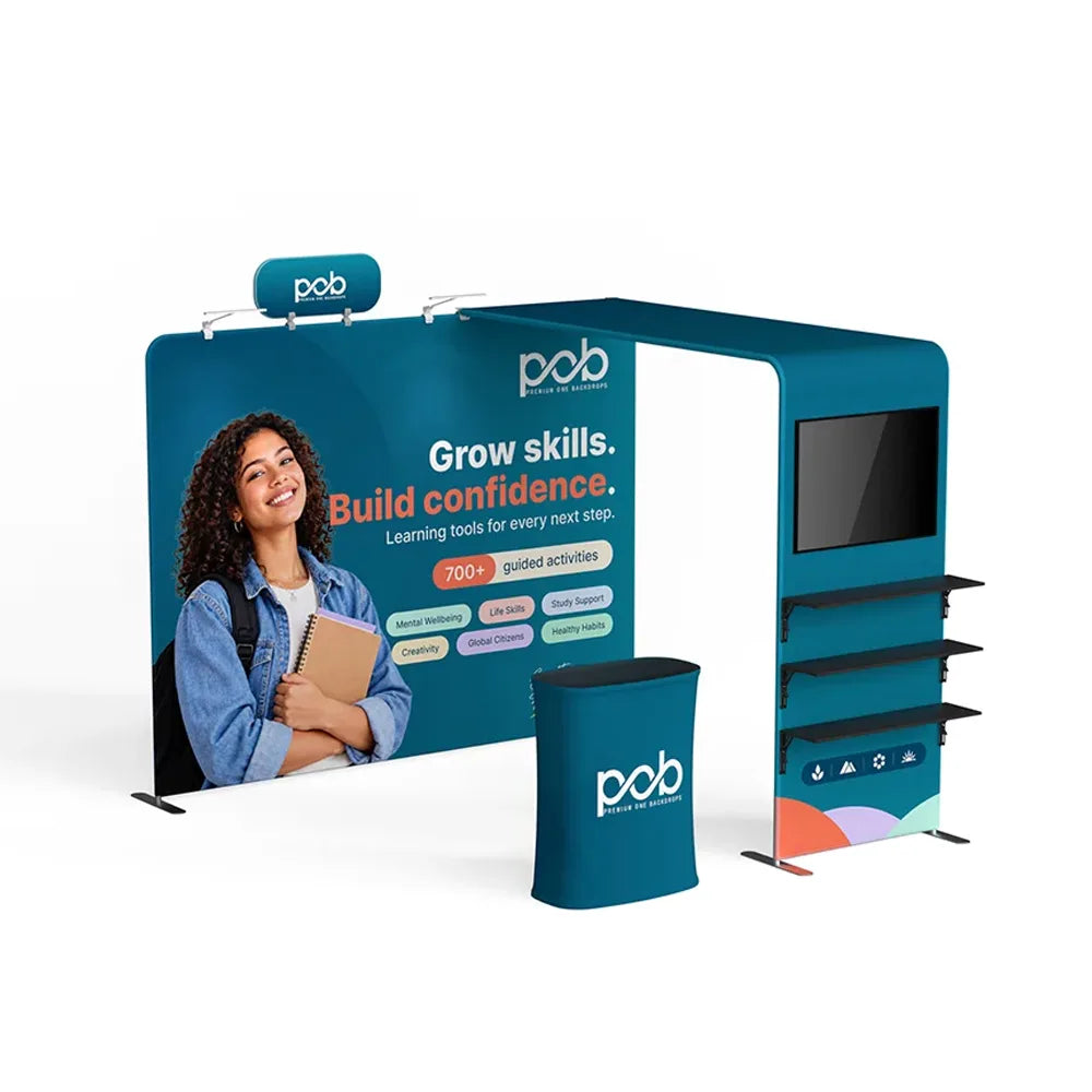 Right angle view of 10x10 trade show booth showing counter and graphics
