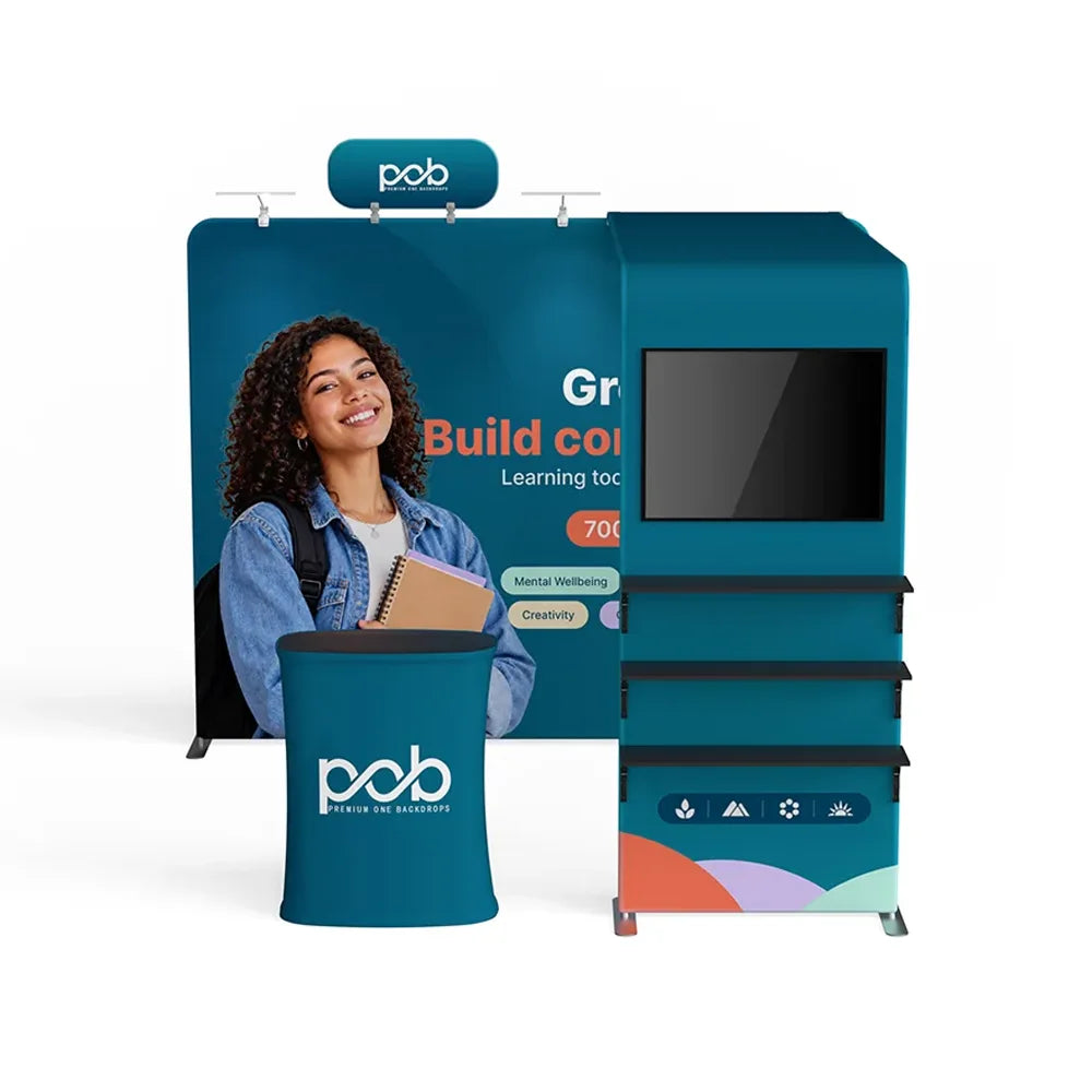 Front view of 10x10 trade show booth with custom fabric graphics