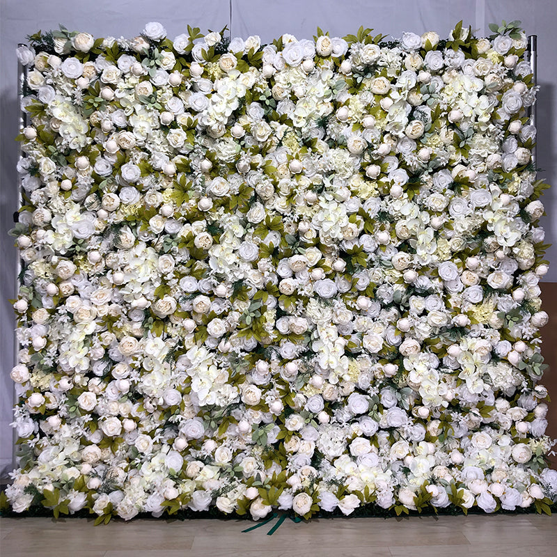 White Rose and Champagne Peonies With More Leaves Flower Wall
