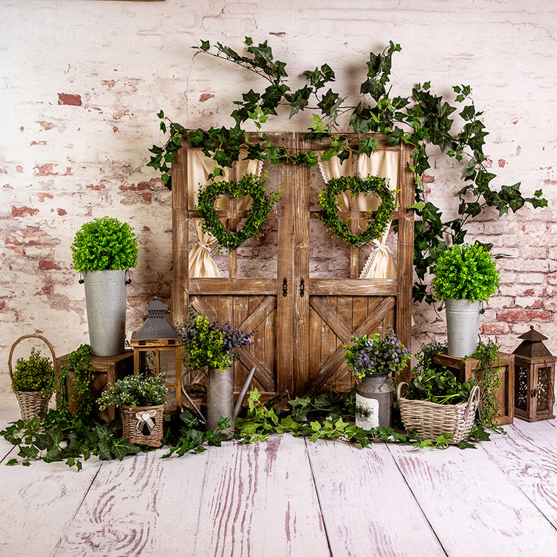 premium one pillowcover backdrops-Wooden Door Greenery