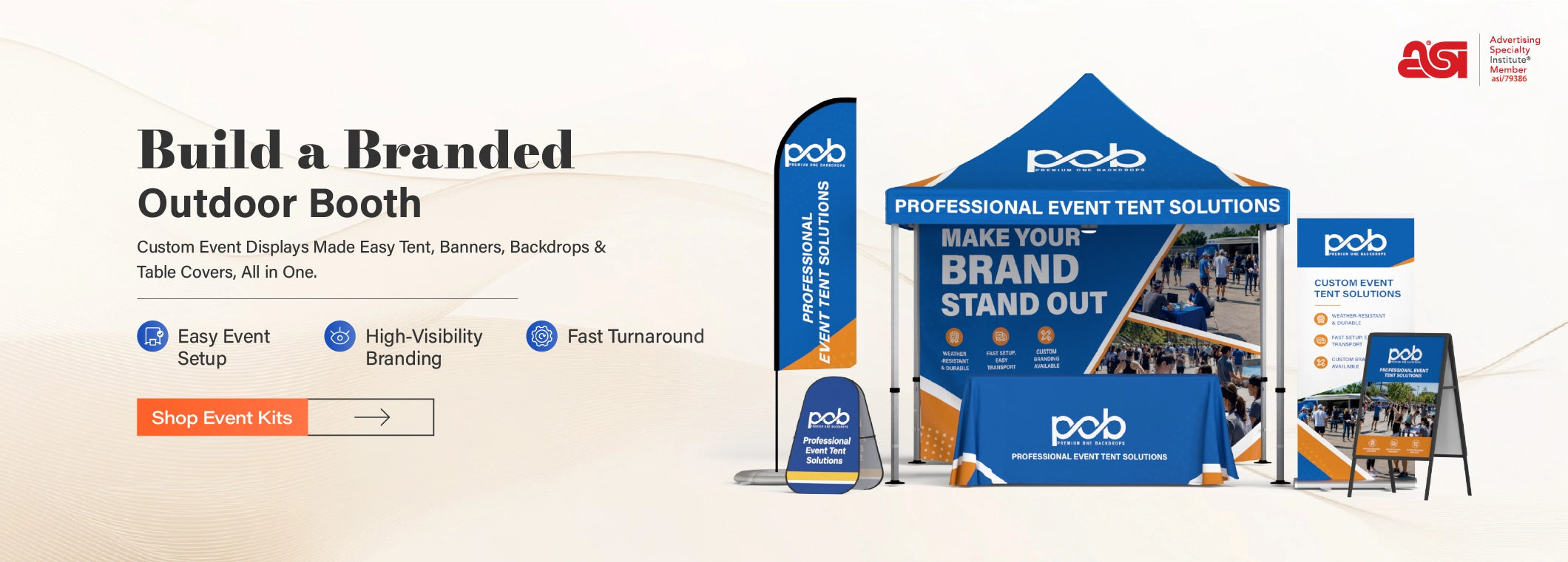 Custom outdoor booth display with event tent, flag, banner stand and table cover for branded events