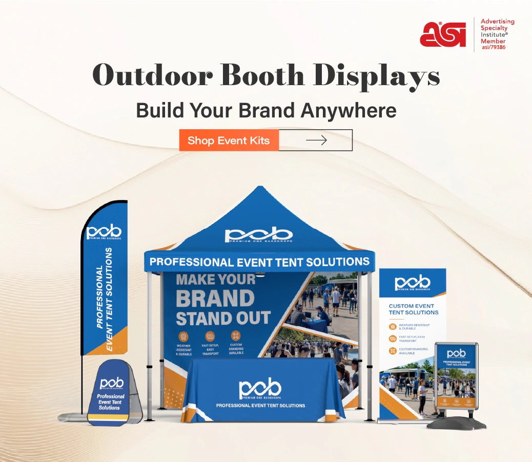 Custom outdoor booth display with event tent, flag, banner stand and table cover for branded events