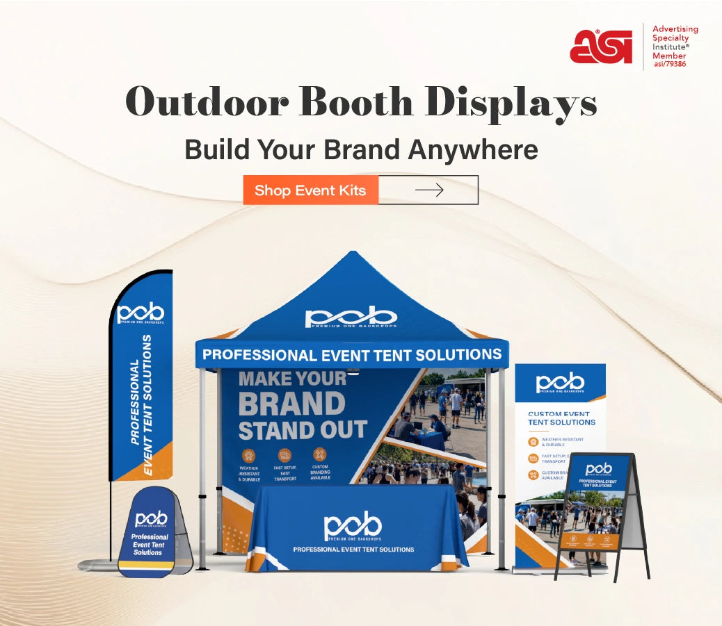 Custom outdoor booth display with event tent, flag, banner stand and table cover for branded events
