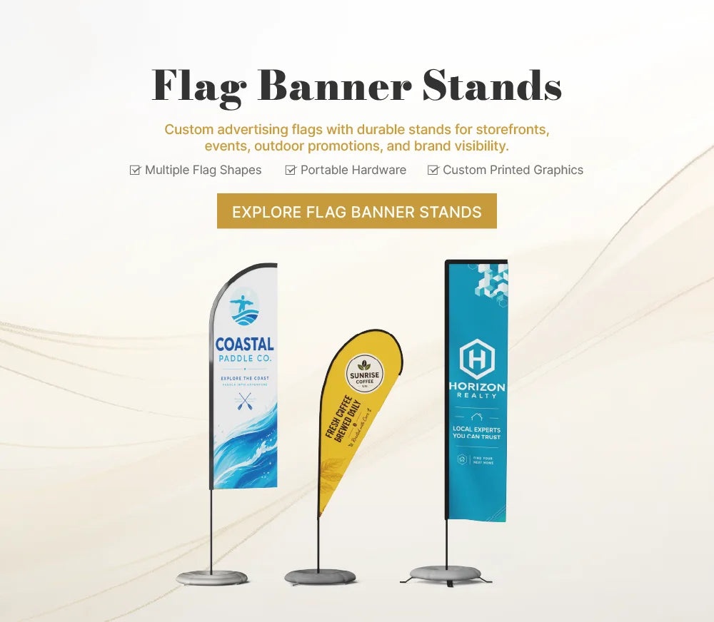 Custom advertising flags for outdoor promotions, storefront visibility and event branding