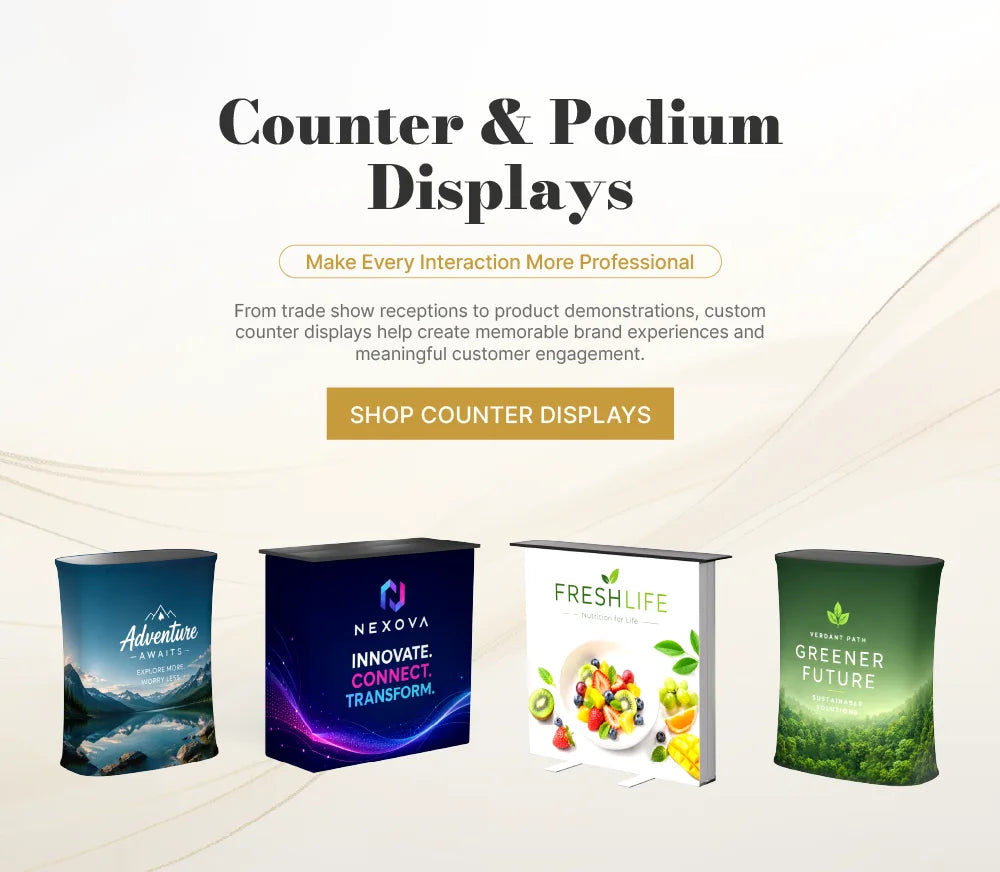 Custom counters and podium displays for trade show booths, reception areas and event branding