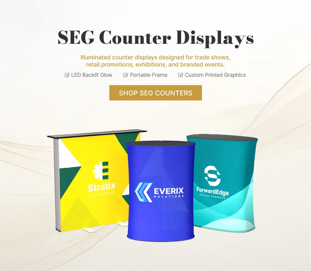 SEG counters with custom fabric graphics for trade show booths, reception areas and product display setups
