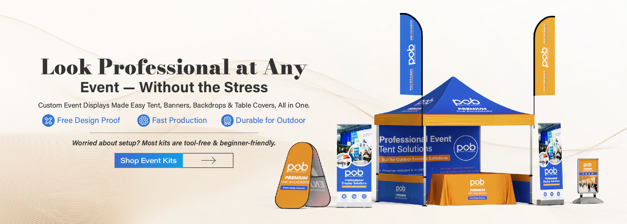 Event display solutions with tents, banners, and table covers on a white background , pob backdrops
