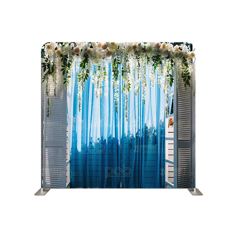 premium one pillowcover backdrops-Blue Curtain White Roses   