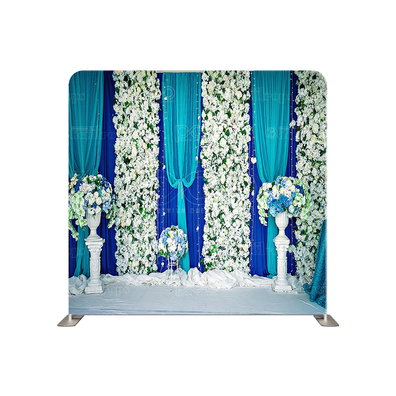 premium one pillowcover backdrops-Blue curtains and white flowers