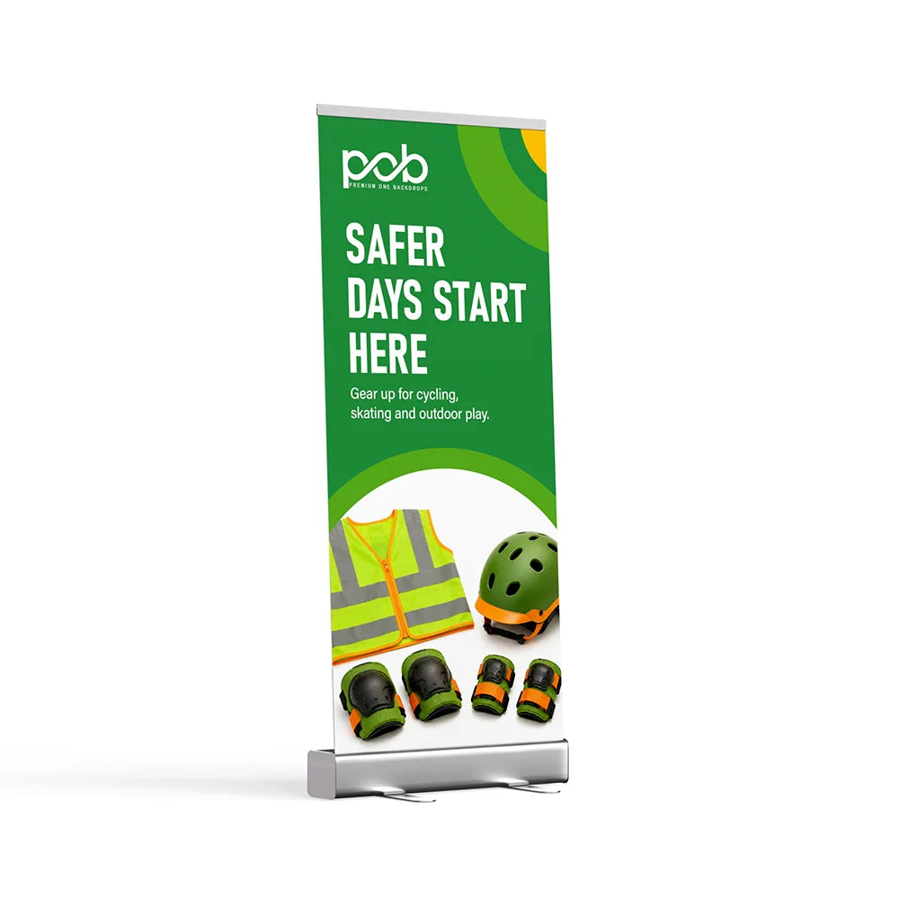 Budget roll up banner stand – right angle view