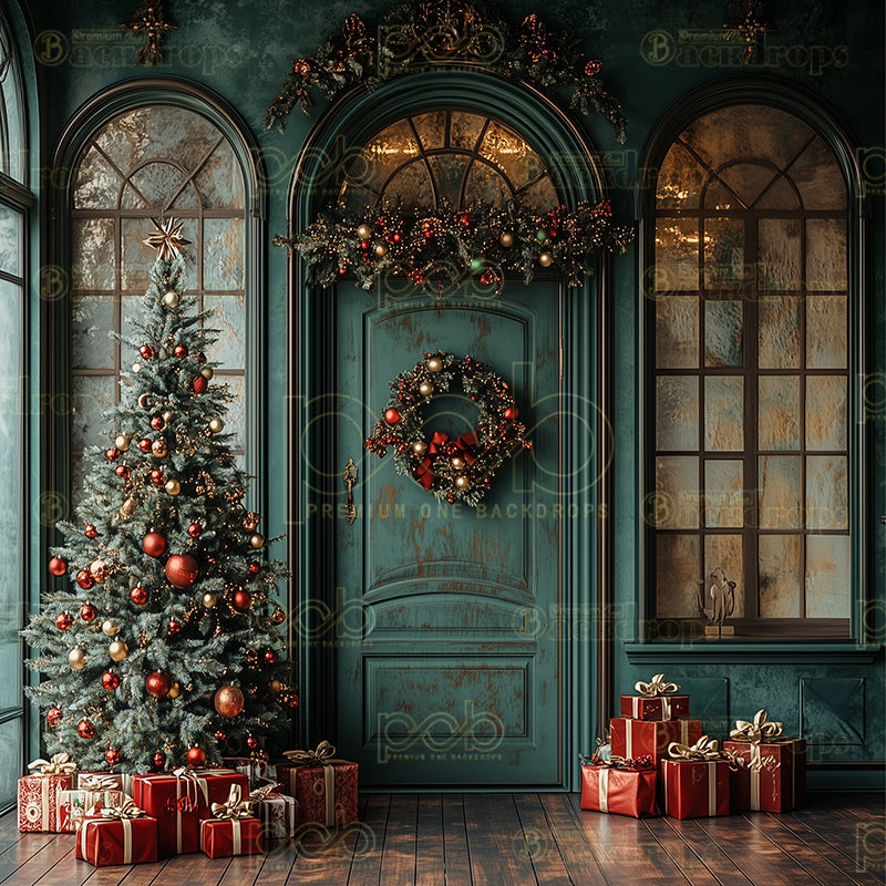 premium one pillowcover backdrops-Christmas Green Door