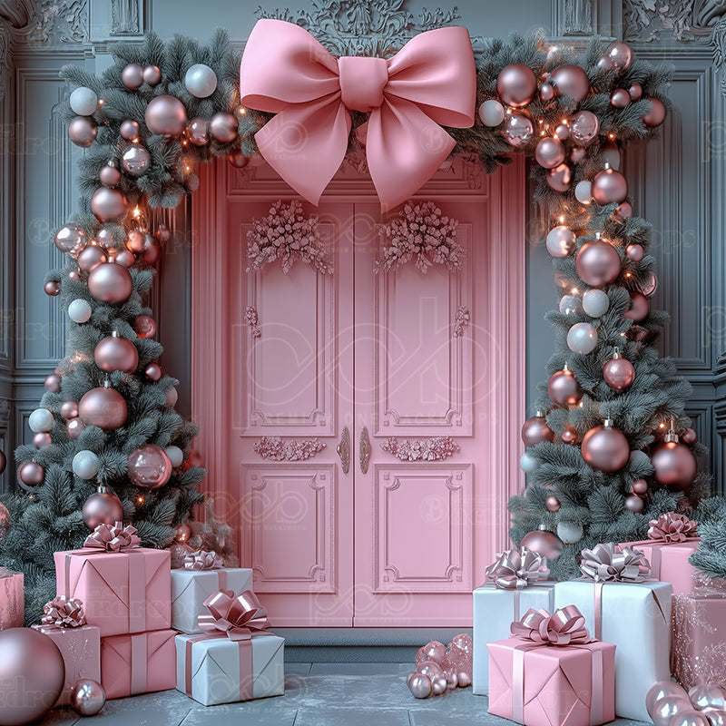 premium one pillowcover backdrops-Christmas Pink Door With Gifts