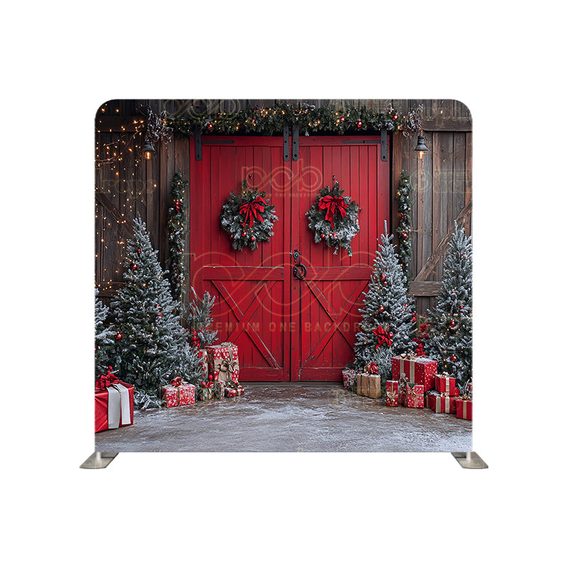 Pillow Cover Backdrop(Christmas Red Barn Door Wreath)